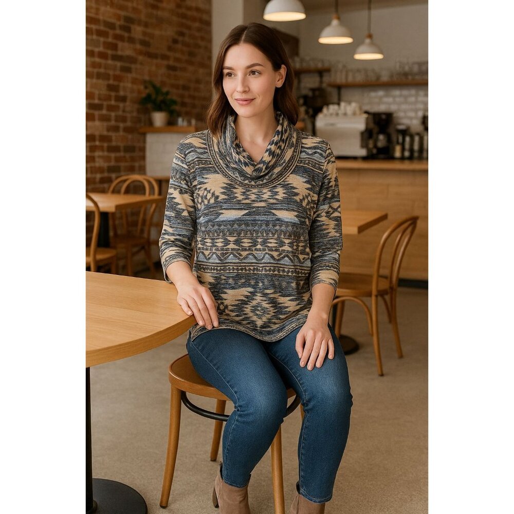 New Directions Tunic Top Small Aztec Print Cowl Neck Boho Southwestern Cozy